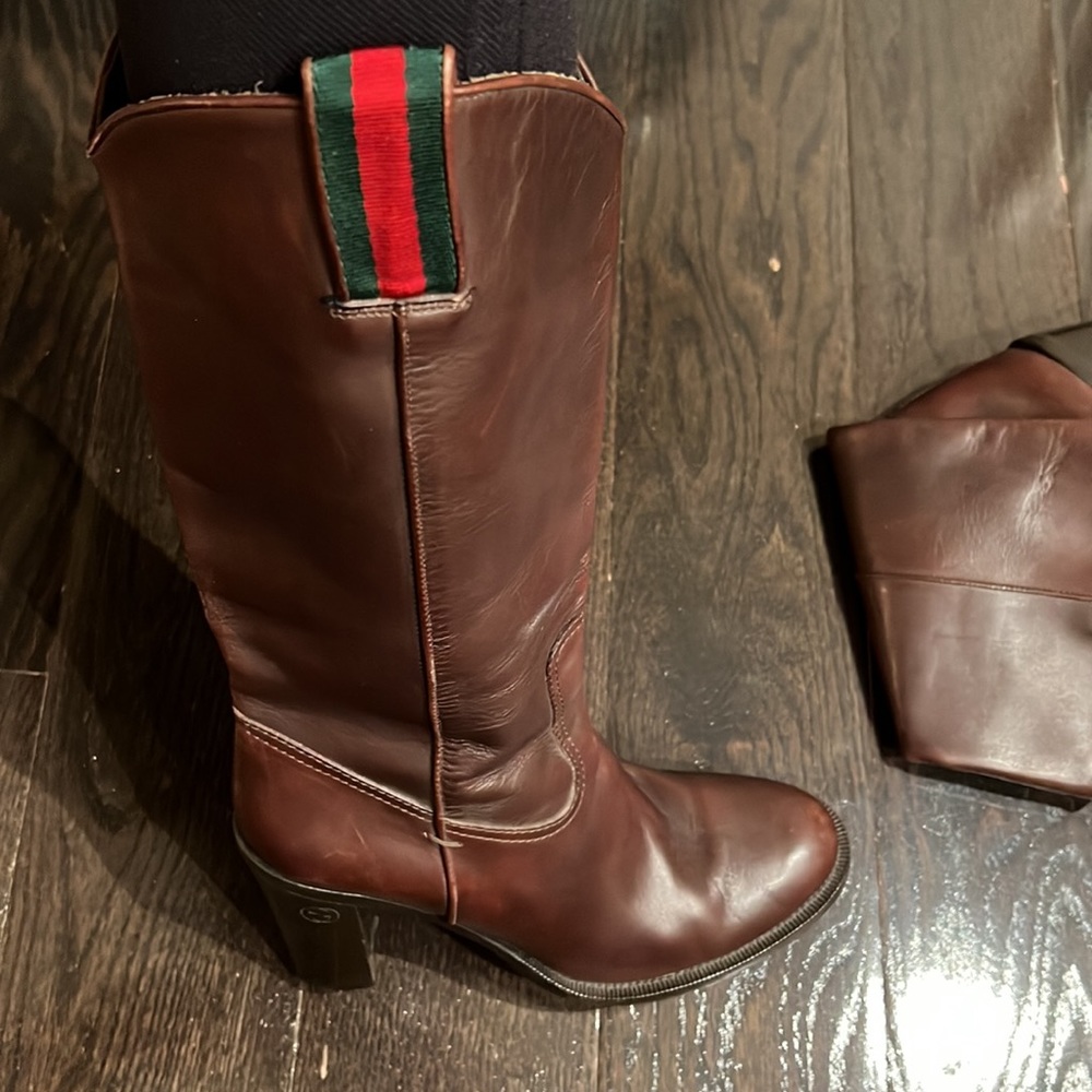 Gucci western style heel boots brown leather  new size 38.5